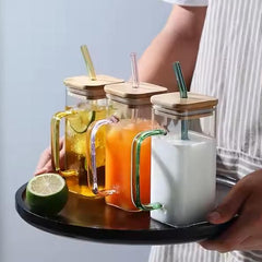 Square Glass Wood Cap With Straw (Pack of 1) Robykart