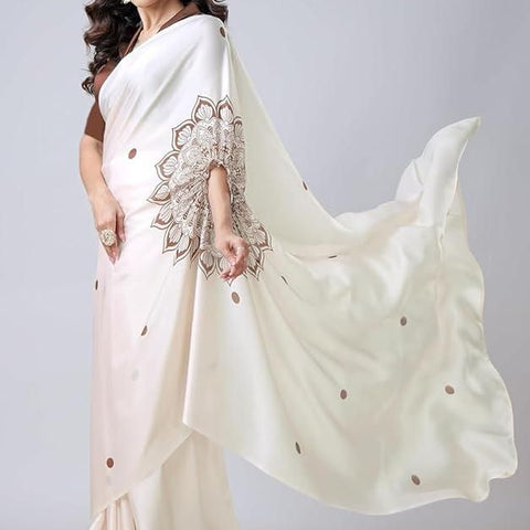 Satin Silk Printed Kaftan Saree With Unstitched Blouse Robykart