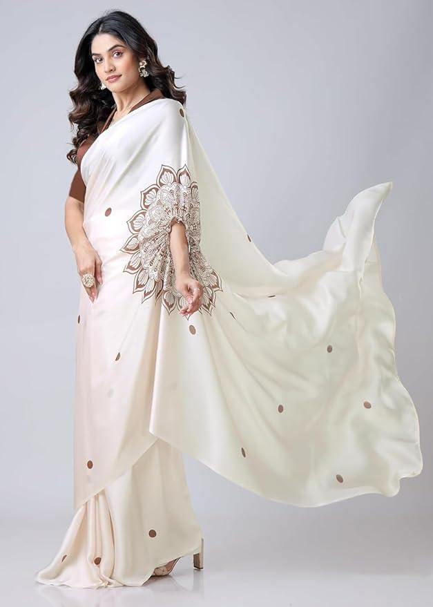 Satin Silk Printed Kaftan Saree With Unstitched Blouse Robykart