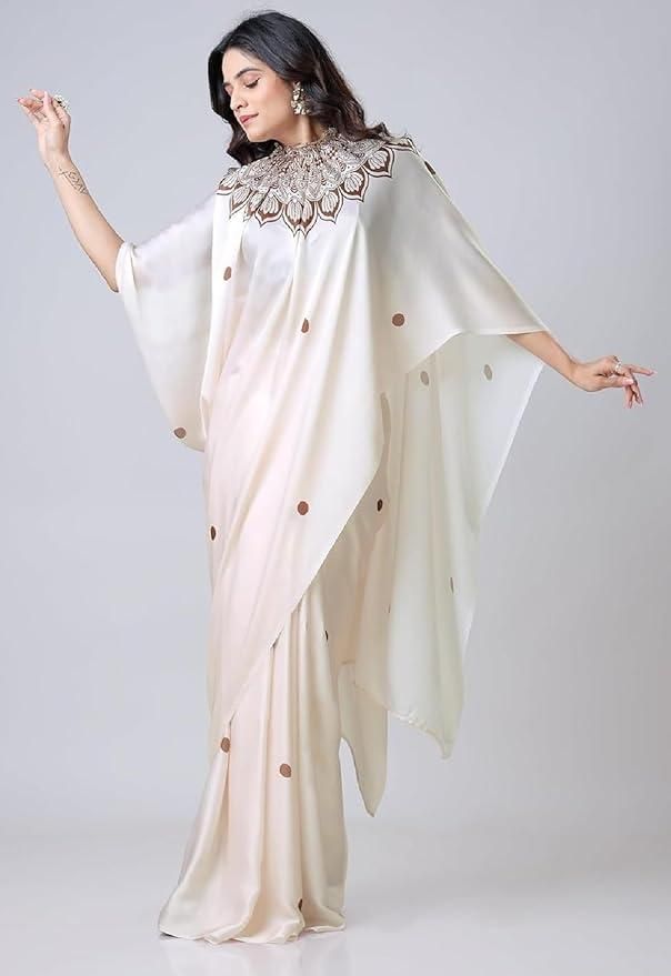 Satin Silk Printed Kaftan Saree With Unstitched Blouse Robykart