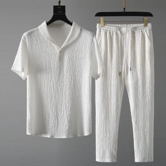 Men's Crinkled Co-Ord Set White Robykart